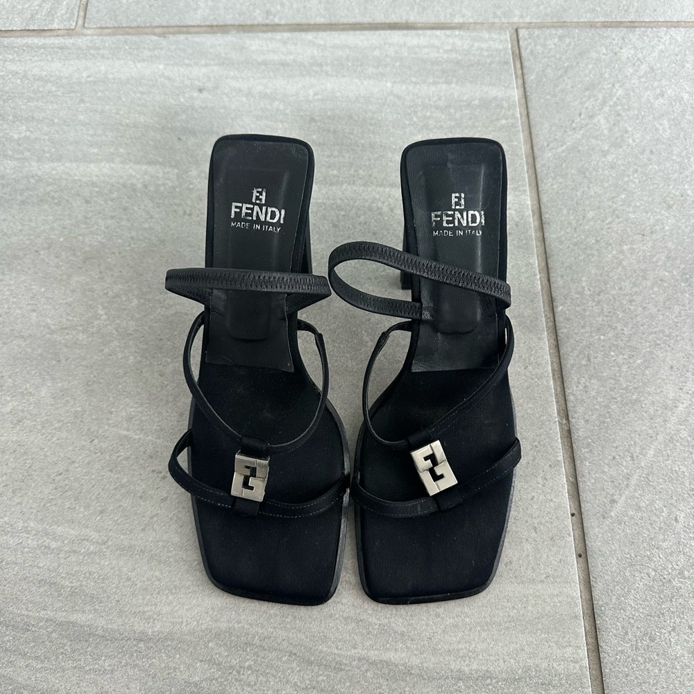 Vintage Fendi Black Strappy Square-Toe Heeled Sandals with Logo Accent